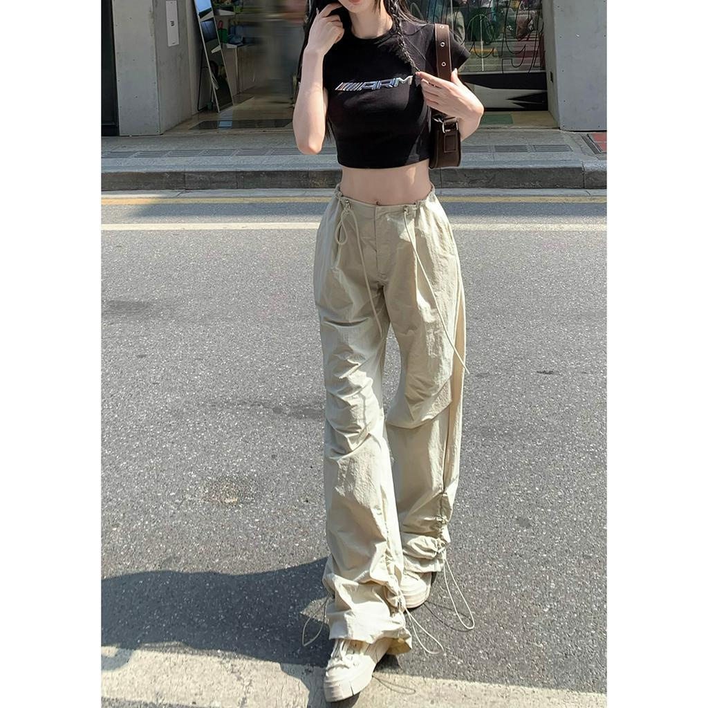 qkoole Quần ống rộng Lưng Cao Dây Rút Phong Cách Mỹ Thời Trang Mùa Hè Cho Nữ