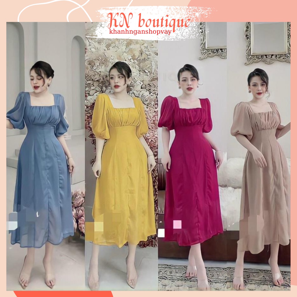 Váy nữ tiểu thư đầm quý bà sang trọng váy nu cổ vuông tay bồng dáng xòe đầm dự tiệc quý cô sang chảnh K N Boutique