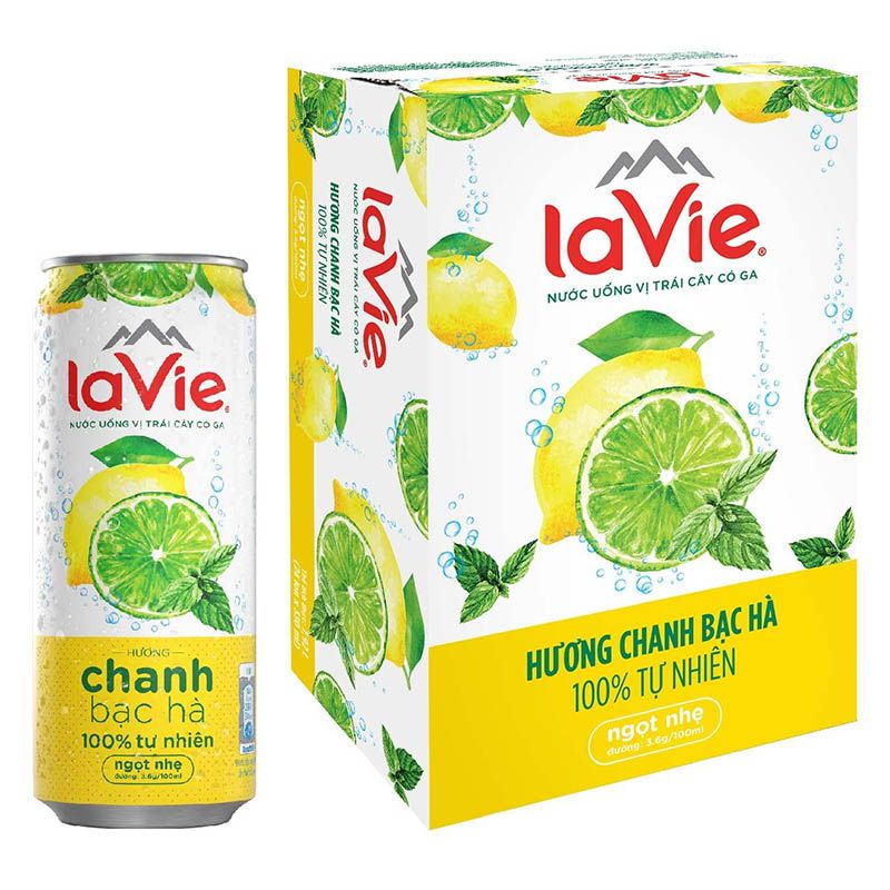 Thùng 24 Lon Nước Uống Vị Trái Cây Có Gas LaVie Vị Chanh Bạc Hà 330ml/Lon