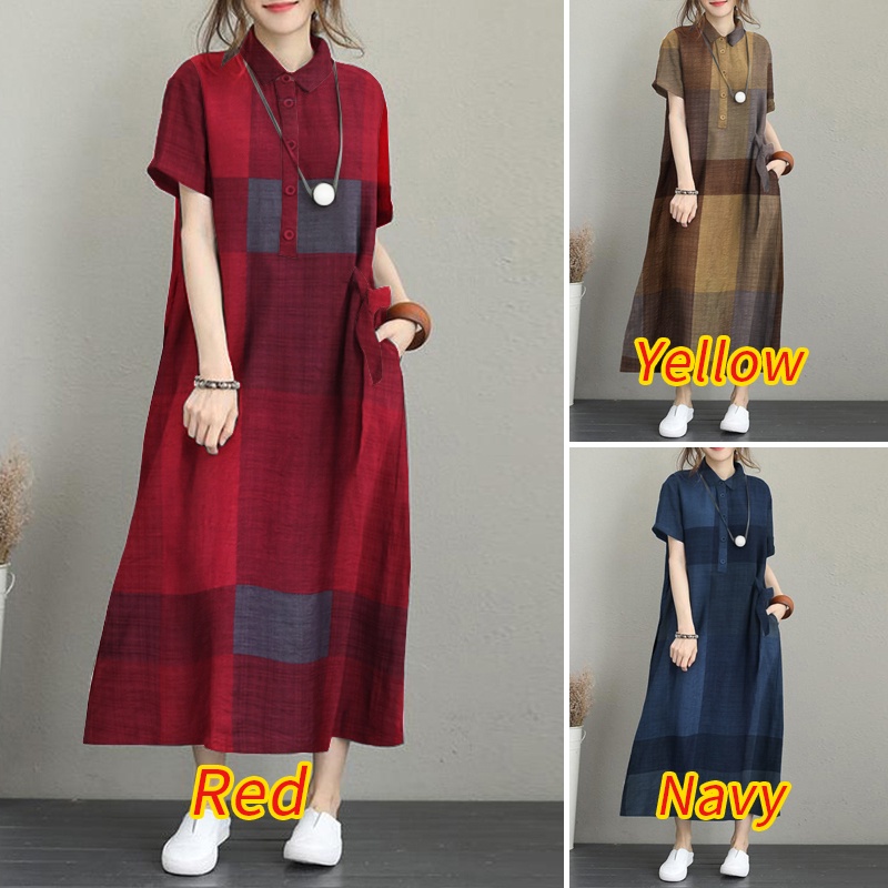 Đầm sơ mi ZANZEA tay ngắn họa tiết caro thời trang sành điệu cho nữ