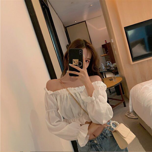 (loại mới) ÁO TRỄ VAI TIỂU THƯ CHUN BỒNG TAY DÀI VIỀN BÈO NHÚN ULZZANG - ÁO TRỄ VAI CROPTOP ĐEN TRẮNG