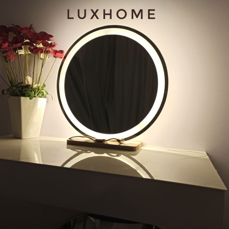Gương Để Bàn LED Tròn Fi 40cm Chân Gỗ LUXHOME