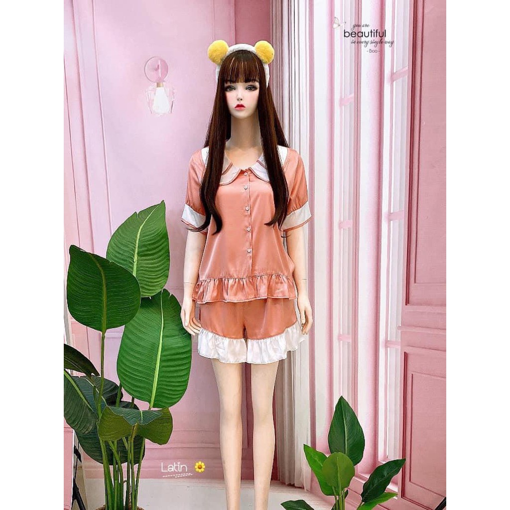 Đồ pijama nữ lụa cao cấp đồ bộ lụa satin pyjama cổ bèo kẻ caro giá rẻ quần lửng trơn cute dễ thương  ESOP - LATIN01