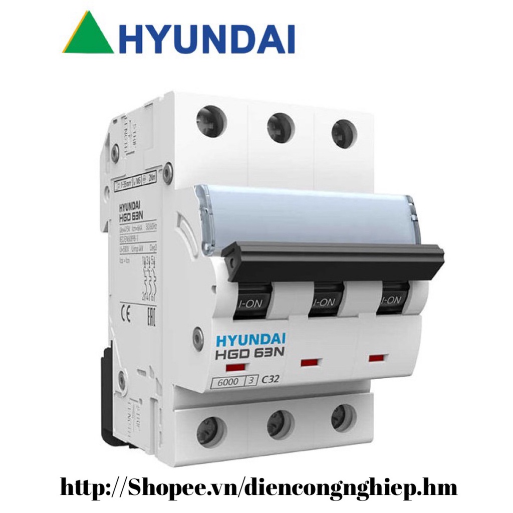 Aptomat Át tô mát tép 3 Pha Hyundai dòng 6A - 63A Hàng Chính Hãng, Cầu dao điện MCB 3P Hyundai HGD63N