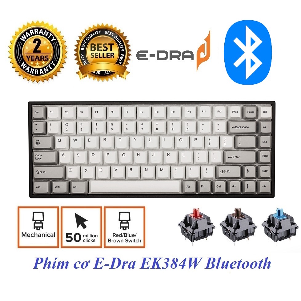 Bàn phím cơ không dây E-Dra EK384W Gateron Switch (Blue /Brown/Red Switch) - Hàng chính hãng