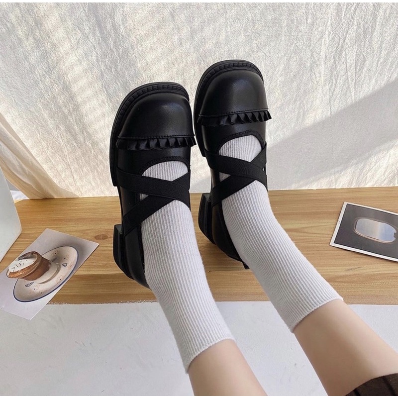 Giày búp bê có quai chun phối bèo vintage Mary Jane dễ thương ulzzang Hàn Quốc Yannie Lolita