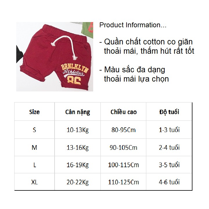 Quần Short Cho Bé Trai Nhiều Màu Chất Cotton Cạp Chun Co Giãn Thoải Mái 86