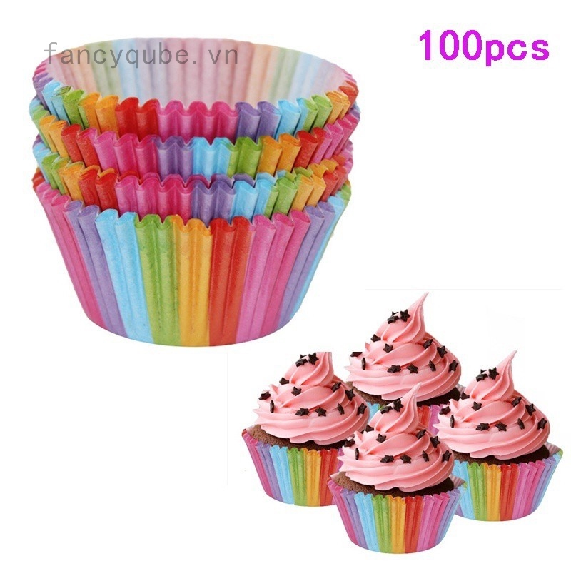 Gói 100 cốc giấy làm bánh cupcake/muffin màu cầu vồng