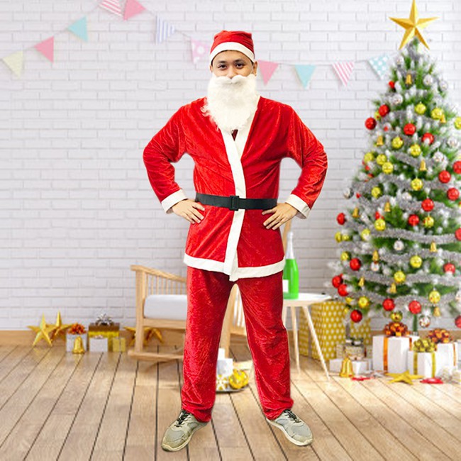 Bộ quần áo ông già Noel người lớn bằng nhung Loại Đặc Biệt (Quần, Áo, Mũ, Râu, Túi Đựng Quà)