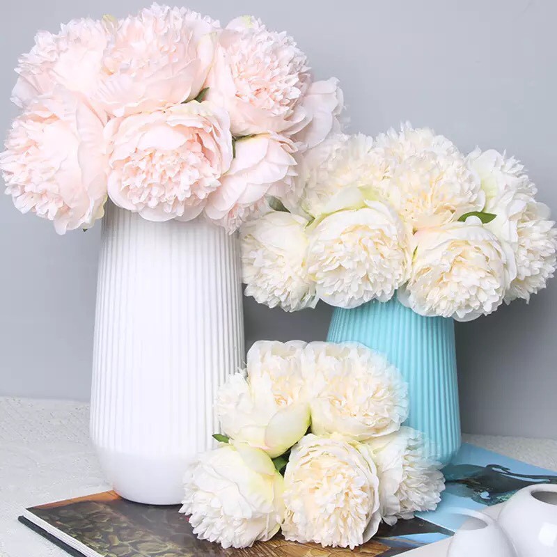 Bó 5 Cành Hoa Mẫu Đơn Lụa Cỡ Lớn - Hoa Trang Trí Decor Phòng Khách, Nhà Hàng, Khách Sạn