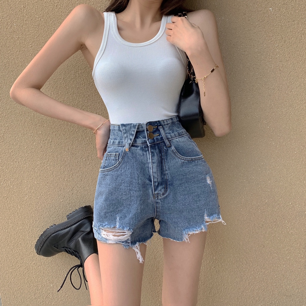 DUNEA Quần Short Denim Lưng Cao Phối Túi Cá Tính Dành Cho Nữ