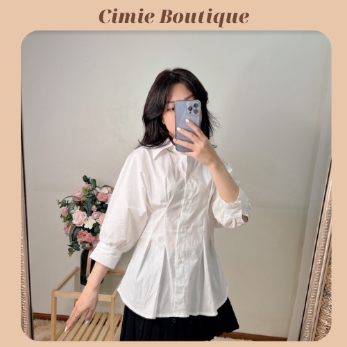 Áo sơ mi nữ xiaozing chiết eo tôn dáng, áo sơ mi trắng tay lỡ phong cách Hàn Quốc