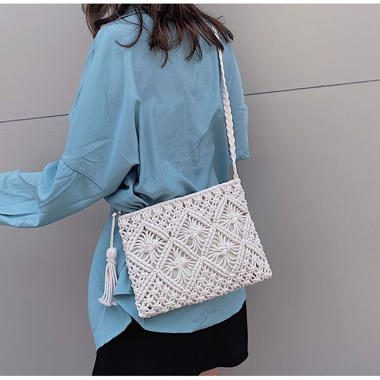 [NowShip - Giao Ngay] Túi Cói Boho Vintage Đeo Vai, Đeo Chéo Hình Vuông Chữ Nhật Dây Da Màu Nâu Be Trơn