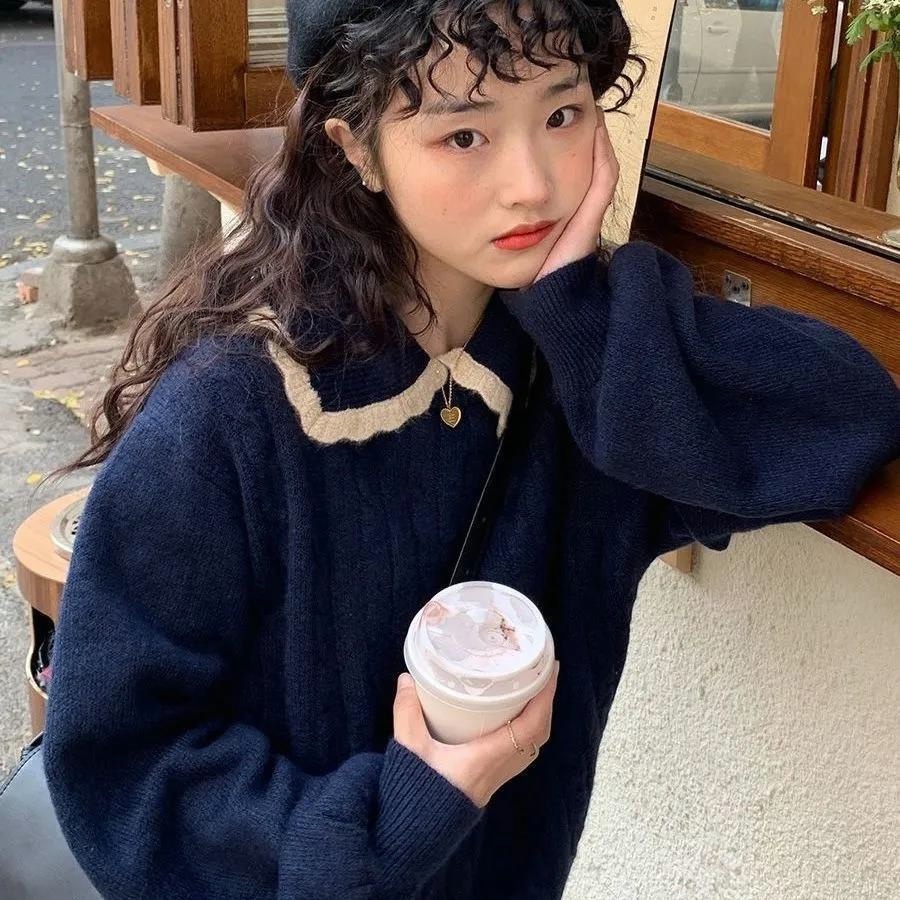 [Spot] Áo len cổ búp bê nữ dệt kim lỏng phong cách Hàn Quốc