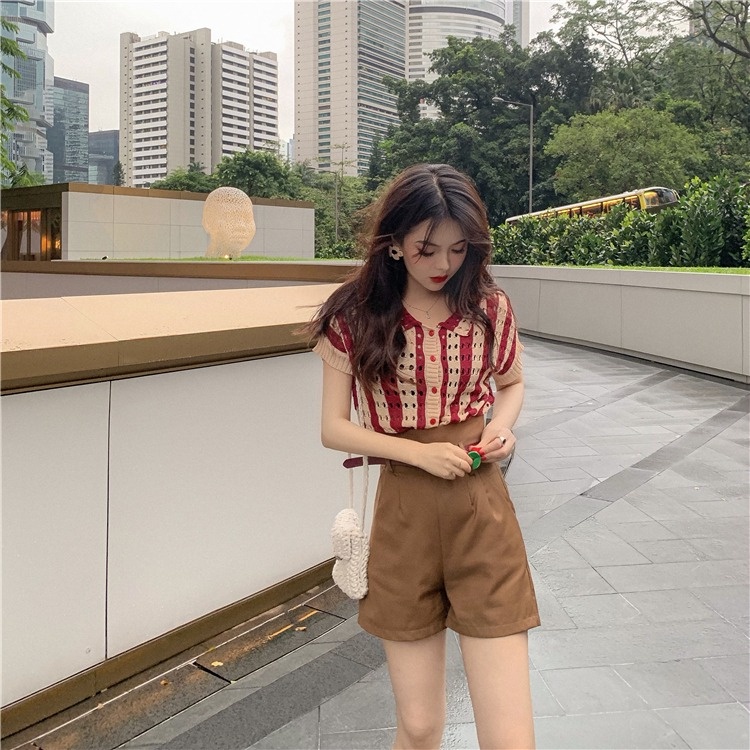 Áo Khoác Cardigan Dệt Kim Tay Ngắn Cổ POLO Khoét Rỗng