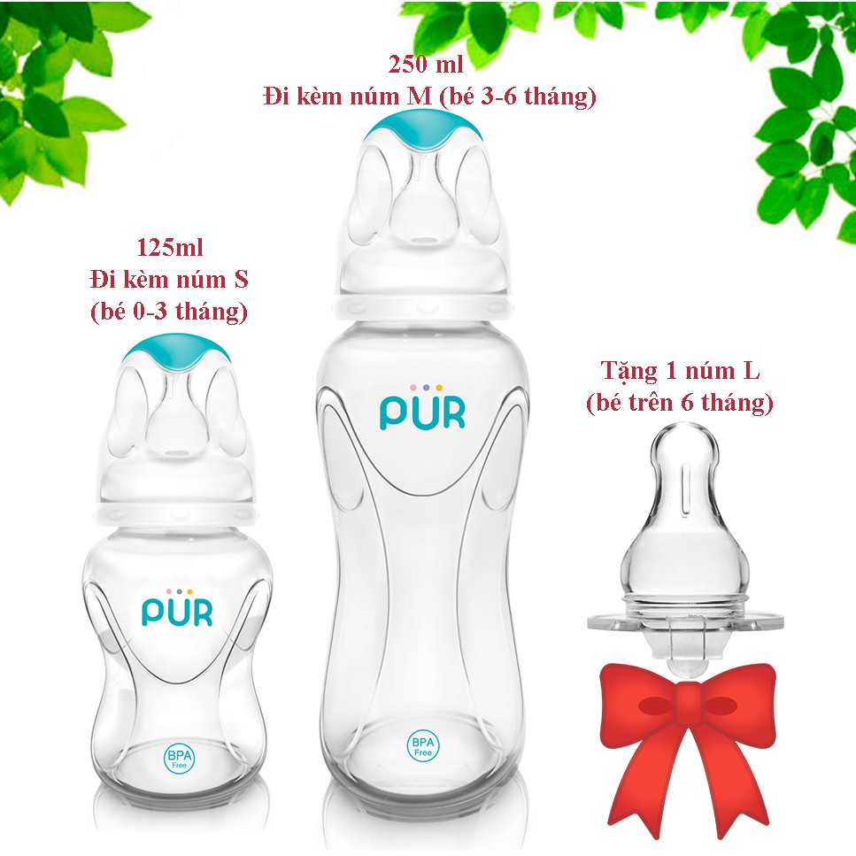 Combo bình sữa Pur Advanced 125ml, bình sữa Pur Advanced 250ml + Núm ti Pur Advanced size L