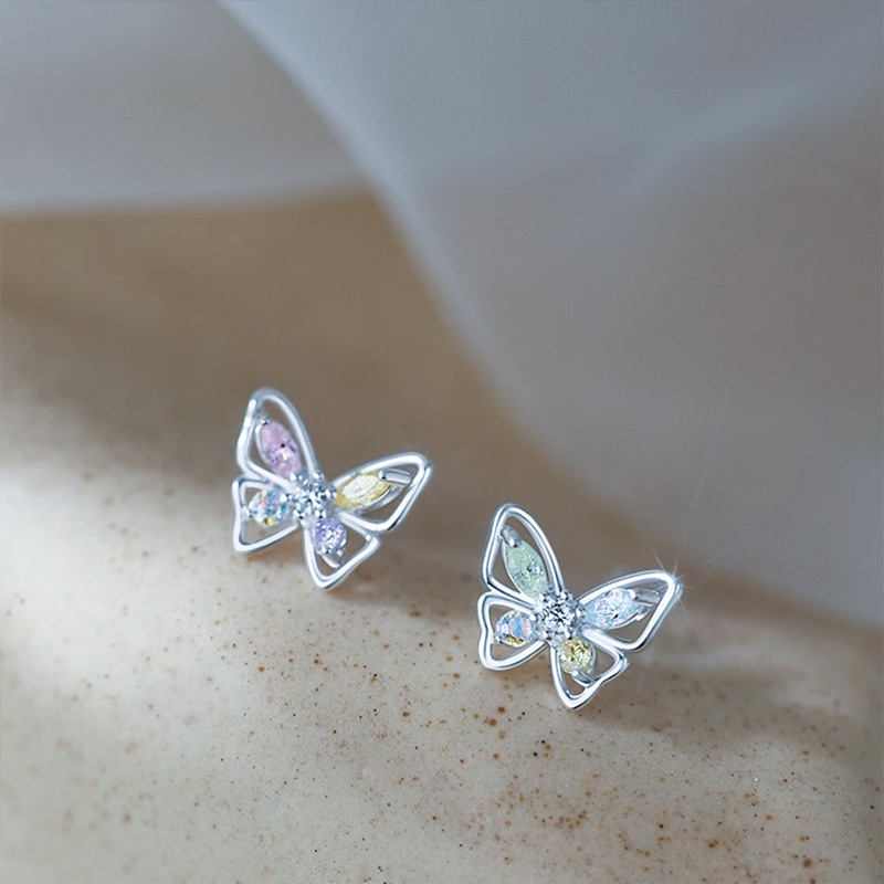 Bông Tai Mạ Bạc 925 Hình Bướm Đính Đá Zircon Nhiều Màu Sắc Phong Cách Hàn Quốc Cho Nữ
