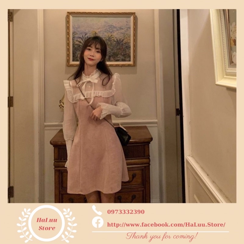 Váy Cổ Nơ Tay Voan Phong Cách Ulzzang Hàn Quốc Thích Hợp Cho Nữ