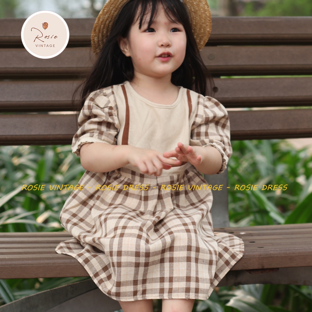 Váy kẻ phối ROSIE V25, chất vải mềm thoáng mát cho bé gái từ 9 - 36kg