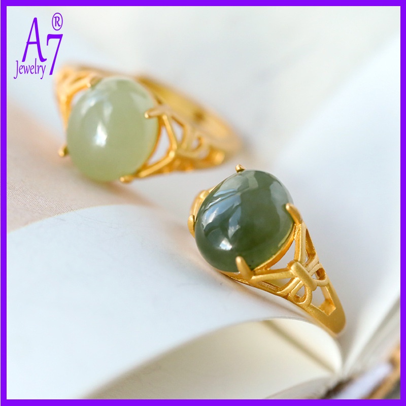 Nhẫn Hình Bướm Đính Đá Ngọc Bích Màu Xám Vàng 18K A7Jade