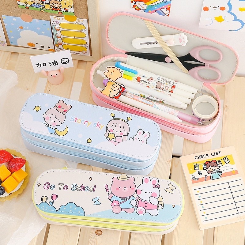 Hộp Bút Hai Ngăn Da PU Anime Phong Cách Nhật Bản, Dung Tích Lớn Tiện Lợi