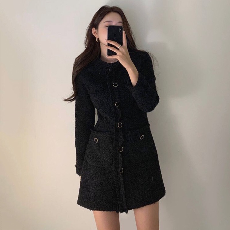 Váy dạ tweed cổ tròn 2 túi bên hông