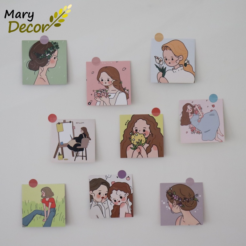 Set 9 thẻ giấy, post card trang trí tường hình cô gái xinh xắn dễ thương kèm lựa chọn sticker đủ màu sắc - Mary Decor