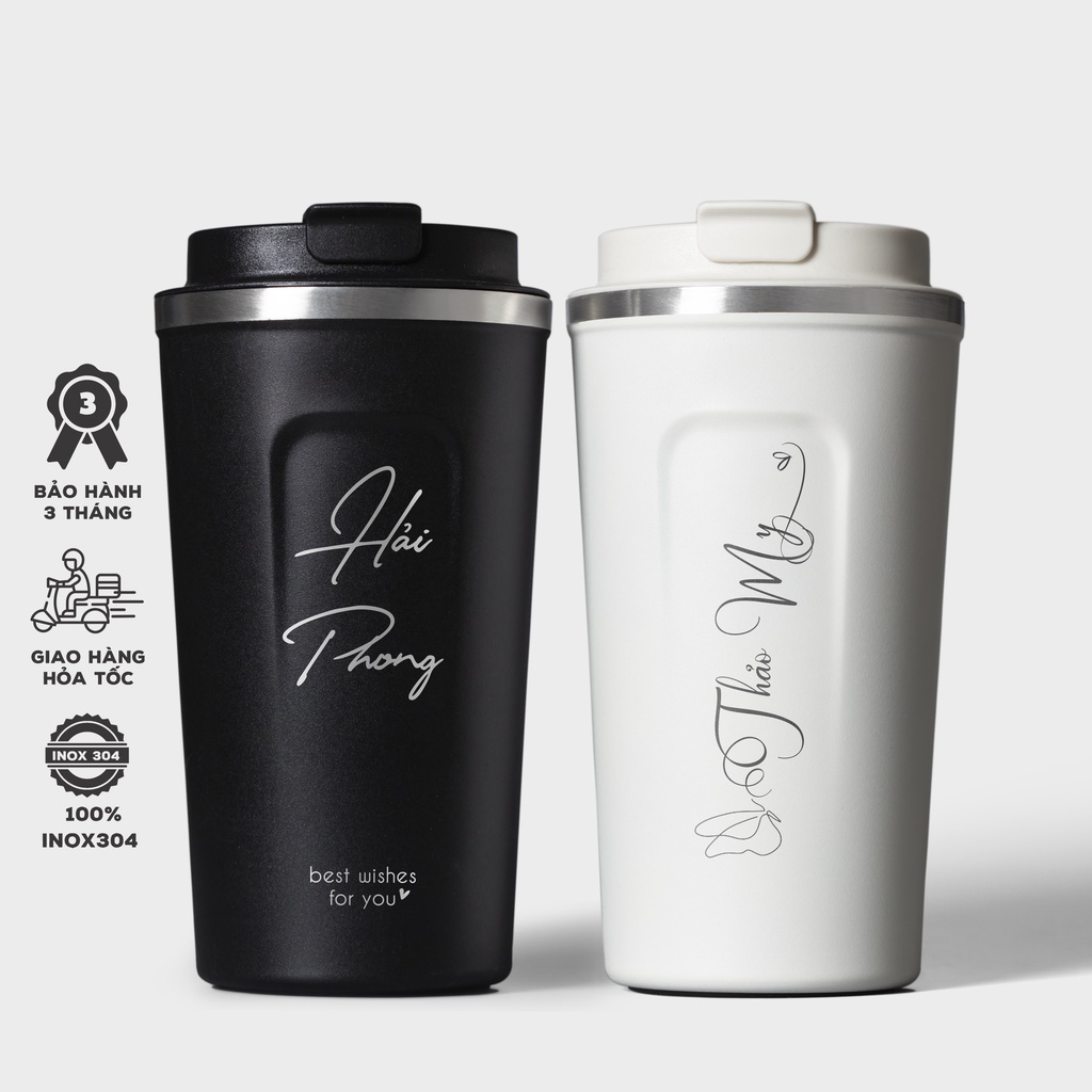 Cốc giữ nhiệt 510ml Monistore,ly coffee holic inox 304, bình giữ nhiệt 12h khắc tên theo yêu cầu