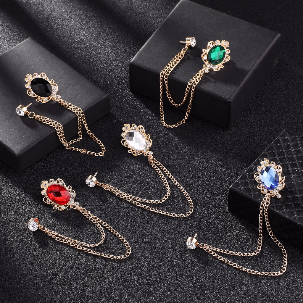 Ghim cài áo Vest Nam, Lapel pin thời trang hình elip đính hạt đá lớn GH-449
