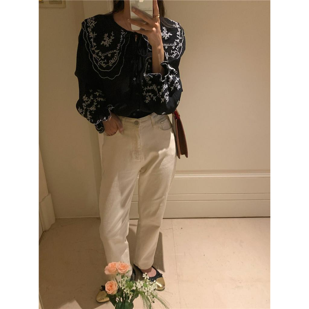 Áo Sơ Mi Dài Tay Họa Tiết Thêu Phong Cách Retro Hàn Quốc 56360 2 Màu