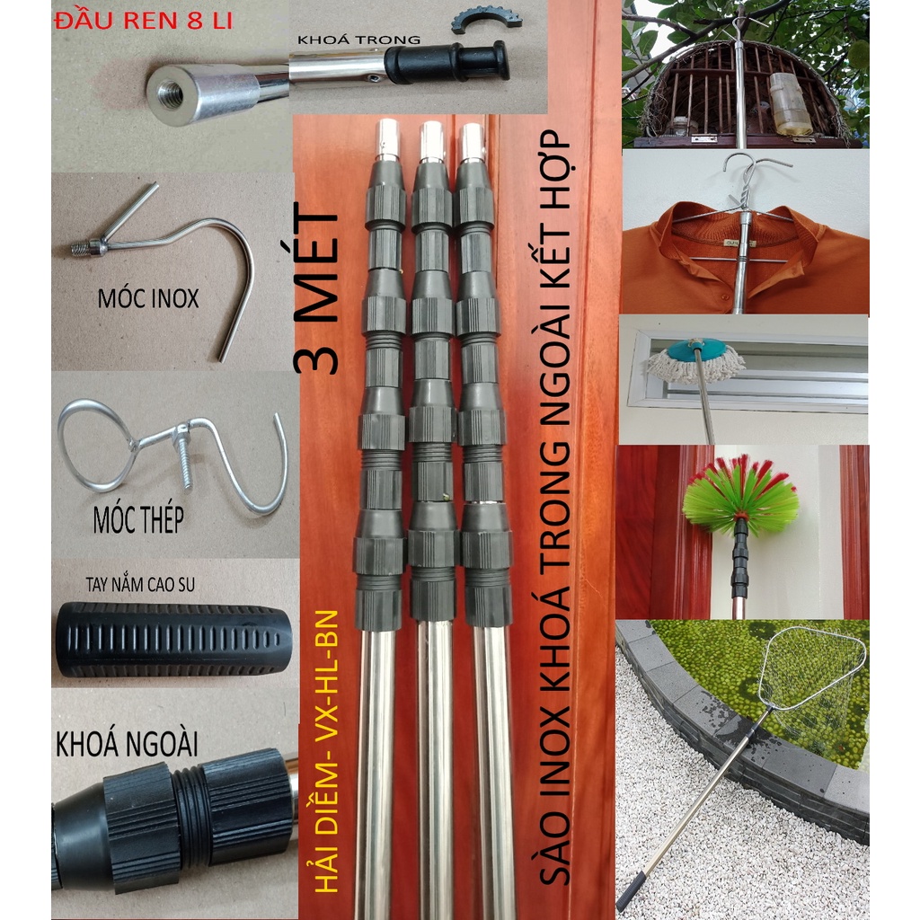 Sào rút inox đa năng,gậy kéo dài như ý,kéo ra thu gọn.móc cành cây,lấy quả trên cao,phơi đồ,treo lồng,quét trần nhà