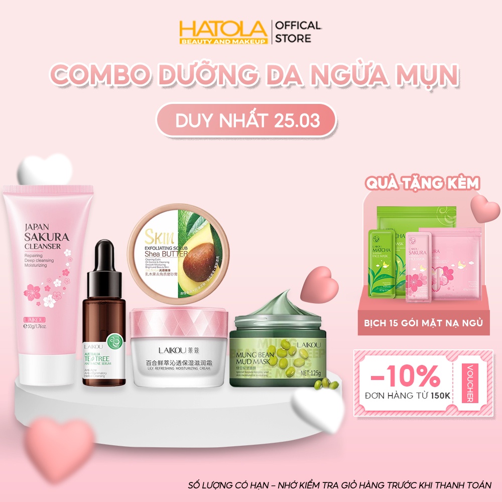 Bộ chăm sóc da chuyên sâu ngừa mụn trắng hồng tự nhiên Laikou sữa rửa mặt, tẩy da chết, serum, mặt nạ, kem dưỡng da