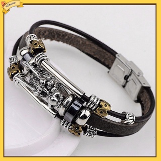 Vòng Tay Da Nhiều Lớp Hình Đầu Rồng Phong Cách Vintage Cho Nam X5Z
