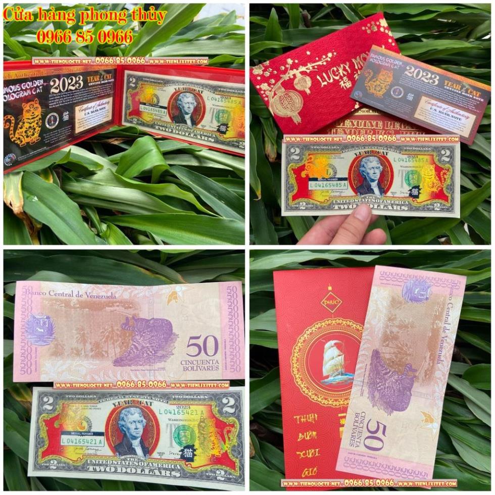 COMBO 2 món gồm tờ 2 USD In Hình Con mèo Mạ và.ng và tờ con mèo Venezuela Mừng Năm Quý Mão 2023