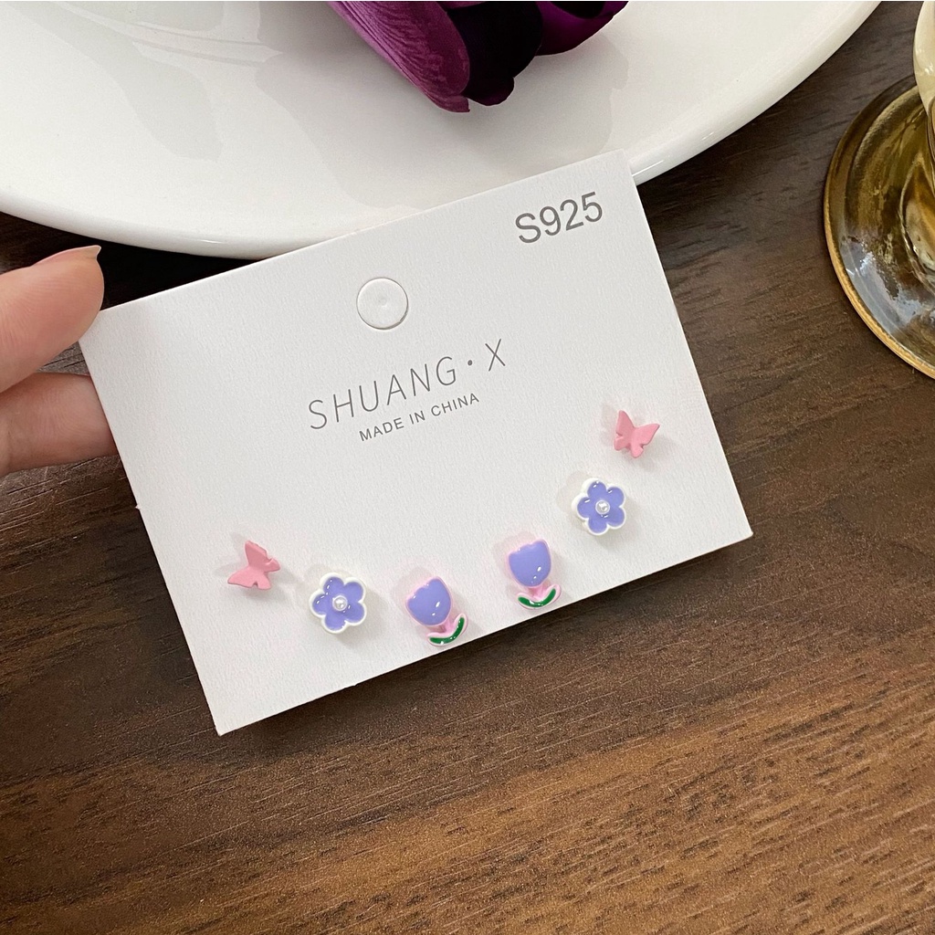 Khuyên tai 17KM bằng bạc 925 hình hoa tulip và hình bướm xinh xắn đơn giản cho nữ