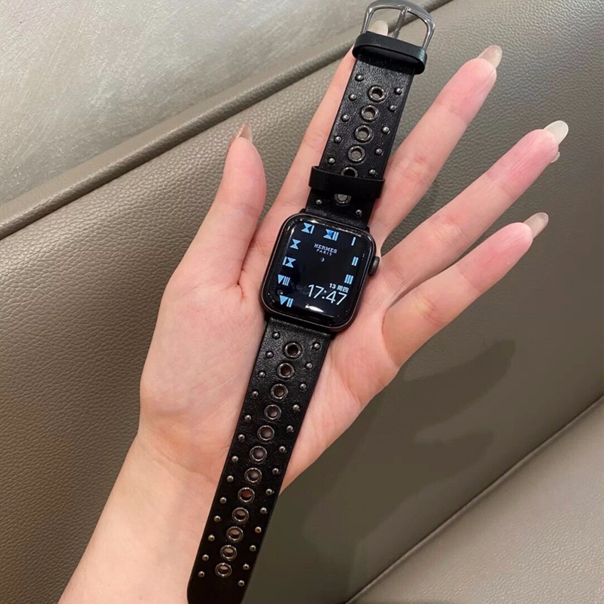 Dây Đeo Da Có Lỗ Đục Kim Loại Cho Apple Watch Series Se 6 5 4 3 2 1 38mm 40mm 44mm 42mm