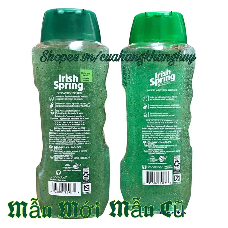 Sữa tắm có hạt và tẩy da chết cho mặt Irish Spring Deep Action Scrub 532 ml của Mỹ (Mẫu Mới)