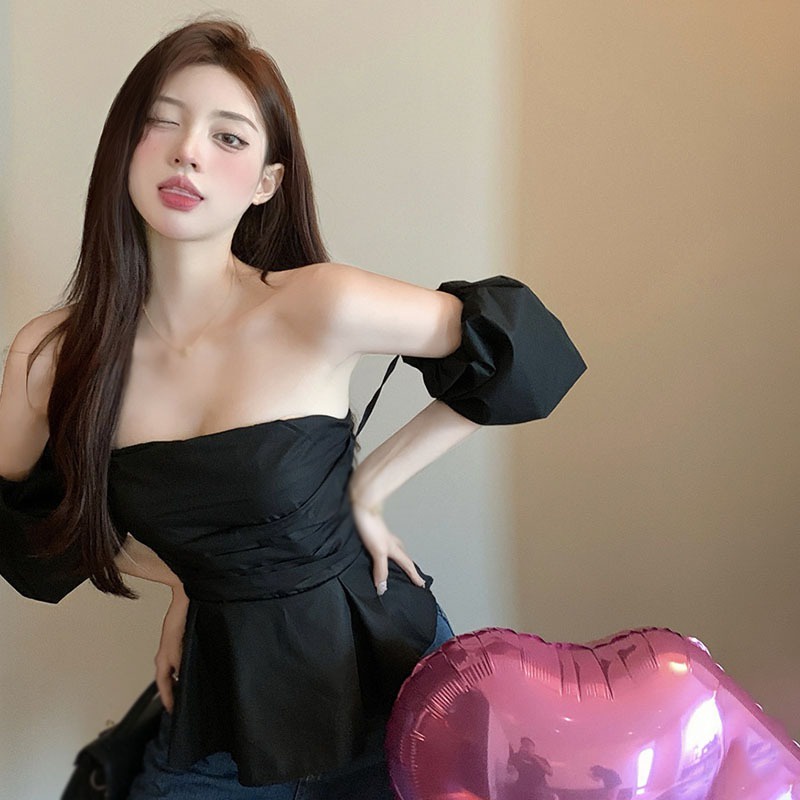 Áo Trễ Vai Tay Phồng Ngắn Dáng Ôm Màu Trơn Thời Trang Quyến Rũ Cho Nữ