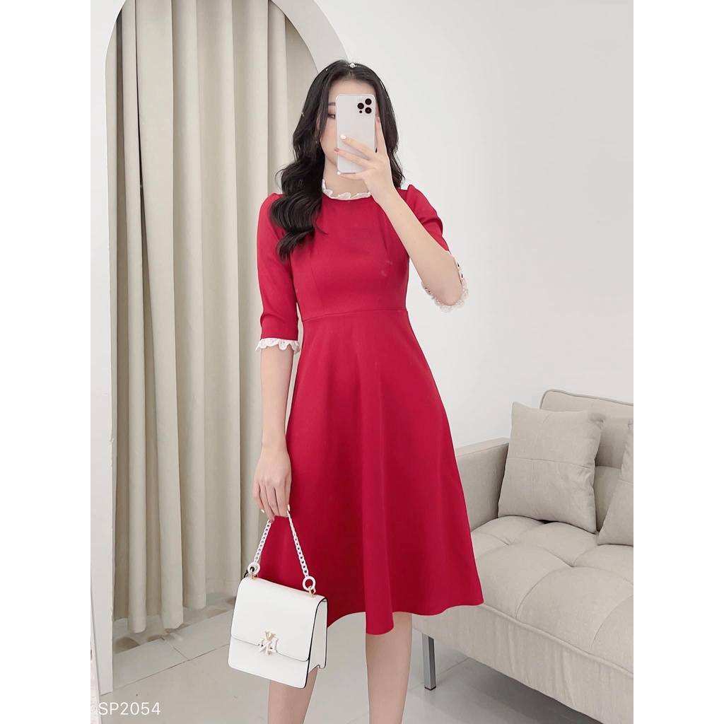 Đầm đỏ phối ren form chuẩn cực sang chảnh vải may loại 1 LiSaDress