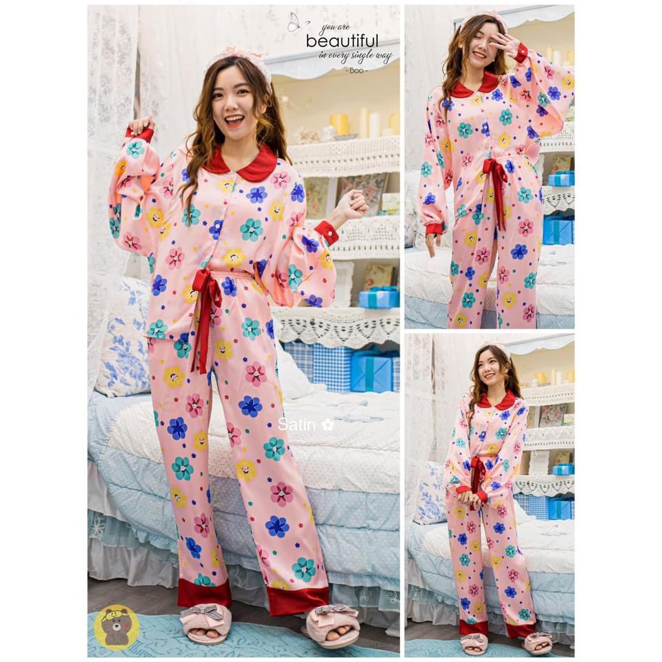 Đồ Bộ Pijama Lụa Satin Cổ Sen Tay Phồng Cổ Điển