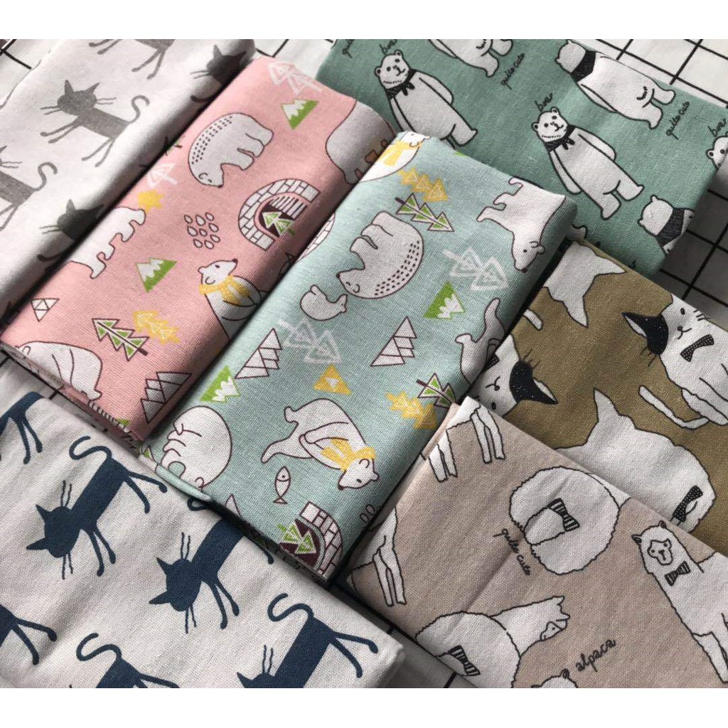 Vải linen họa tiết Gấu hồng nhạt V-H08