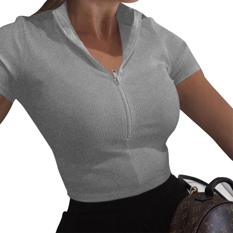 Áo Croptop Thể Thao Dệt Kim Ngắn Tay Cổ Chữ V Phối Khóa Kéo Quyến Rũ Cho Nữ