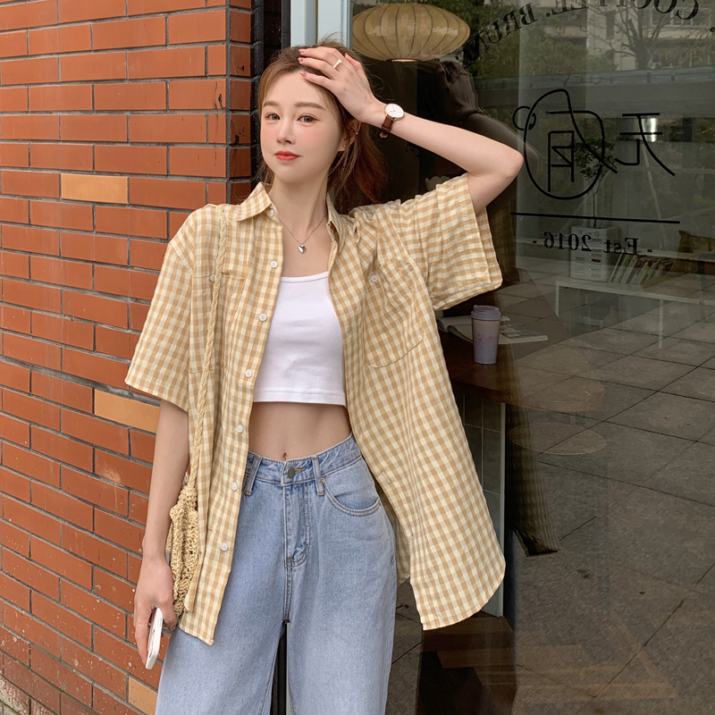 SUXI Áo sơ mi ca rô ngắn tay phong cách thời trang dành cho nữ