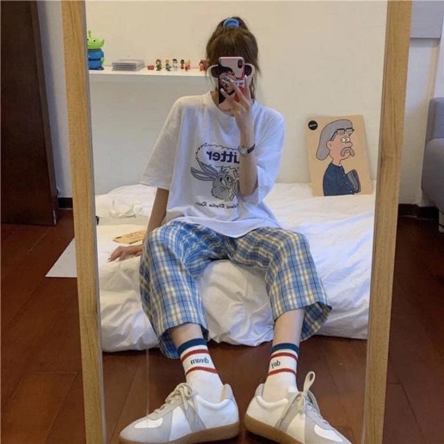 Set áo trắng quần kẻ xanh rẻ nhất