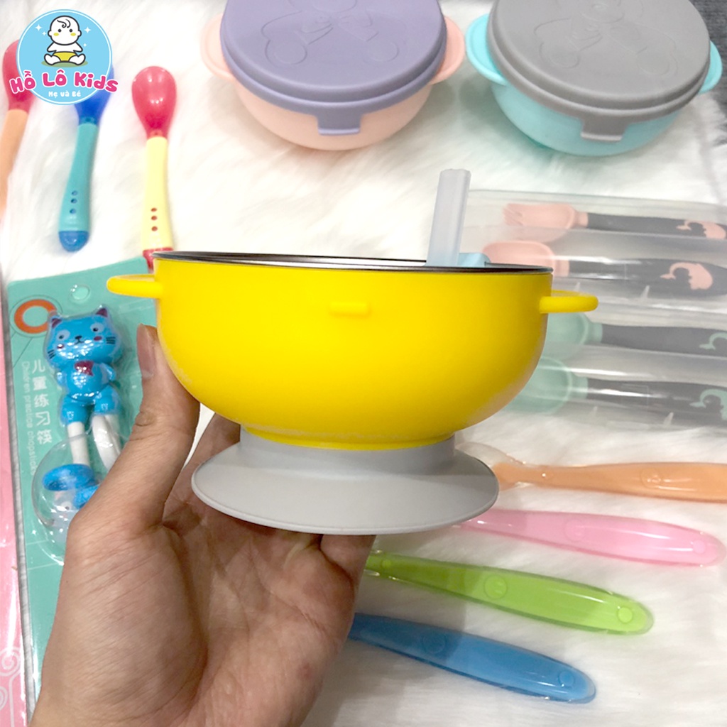 Bát ăn dặm cho bé cách nhiệt inox 2 lớp có đế hút chân không chống đổ, chống lật có nắp Hồ Lô Kids