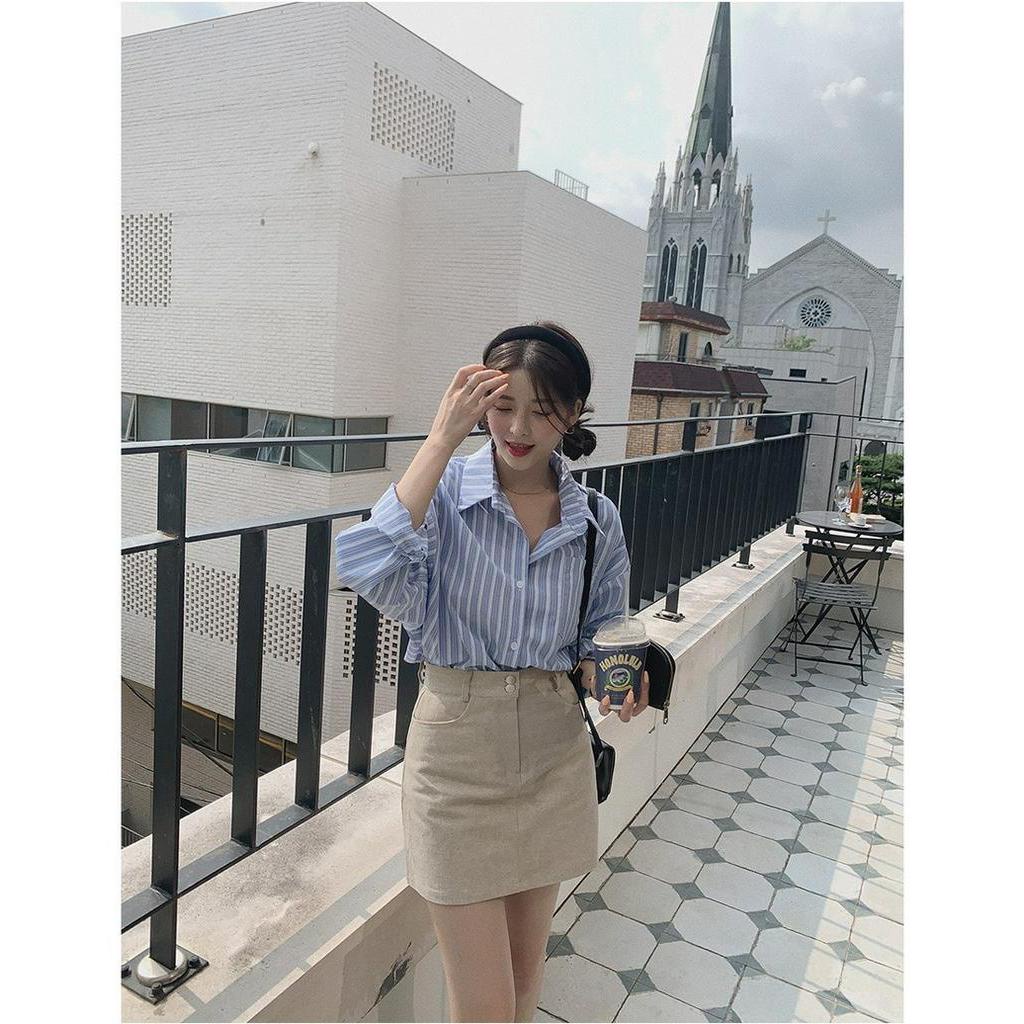 Áo sơ mi Peppermint kẻ sọc dáng rộng dài tay phong cách thời trang Hàn Quốc đơn giản 54663