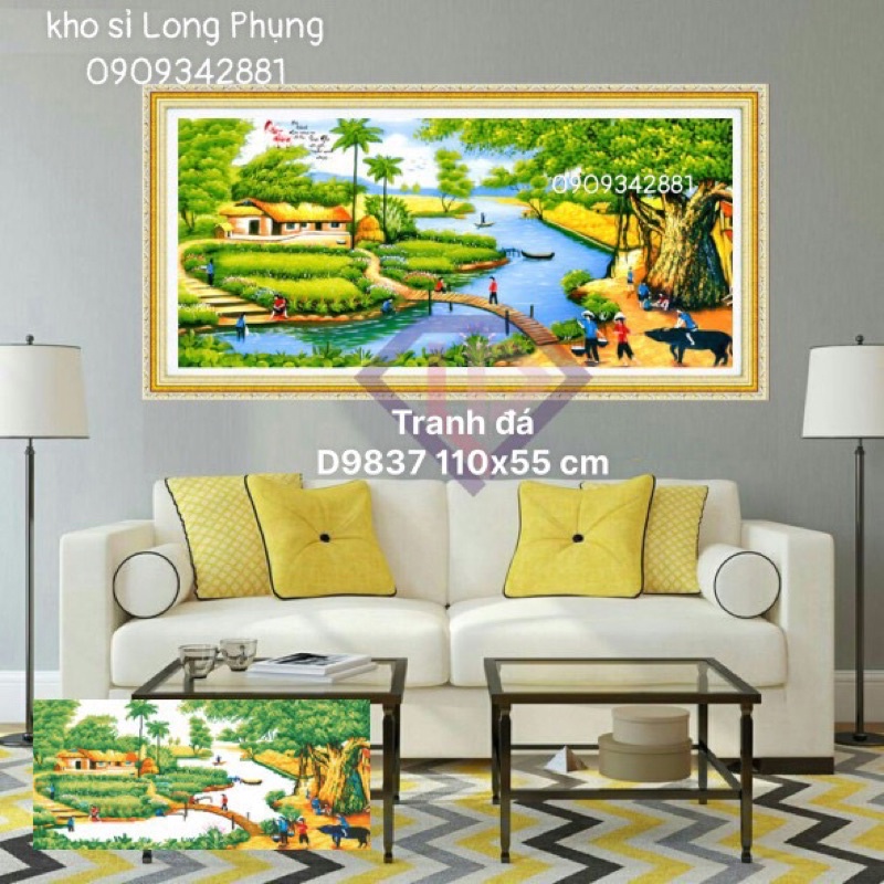 Tranh đính đá Làng quê việt nam D9837 ,tranh thêu chữ thập dv6634 92x47 chưa đính