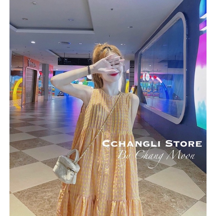 Đầm kẻ đũi xốp dáng babydoll siêu xinh, váy kẻ sát nách dành cho hội chị em