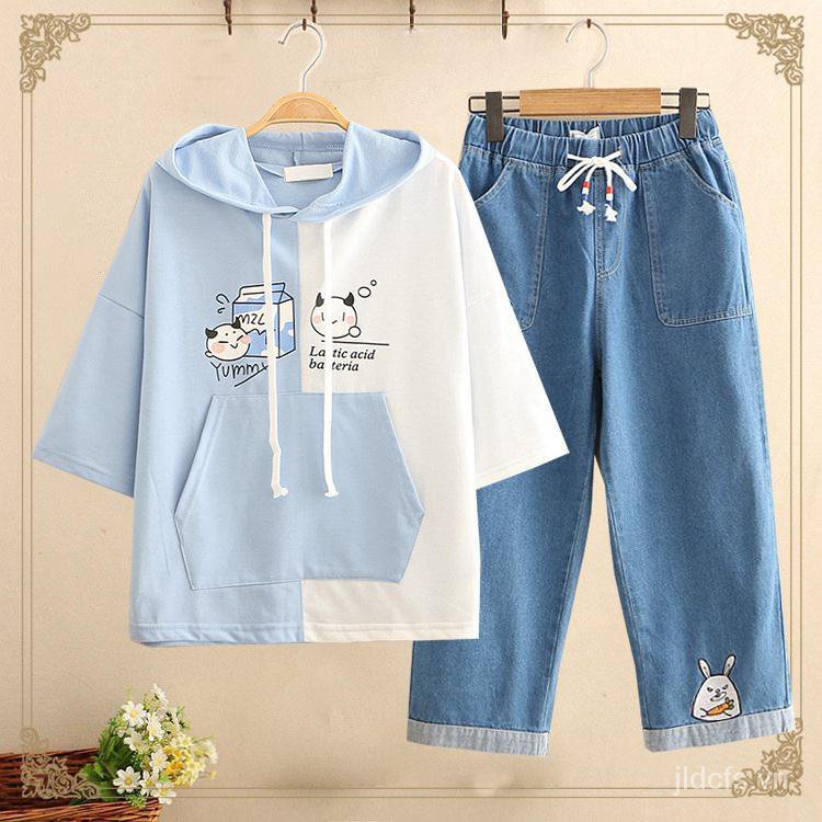Bộ Áo Hoodie Tay Ngắn Dáng Rộng Dễ Thương Thời Trang Mùa Hè Dành Cho Nữ 12-15 Tuổi / Học Sinh 13older