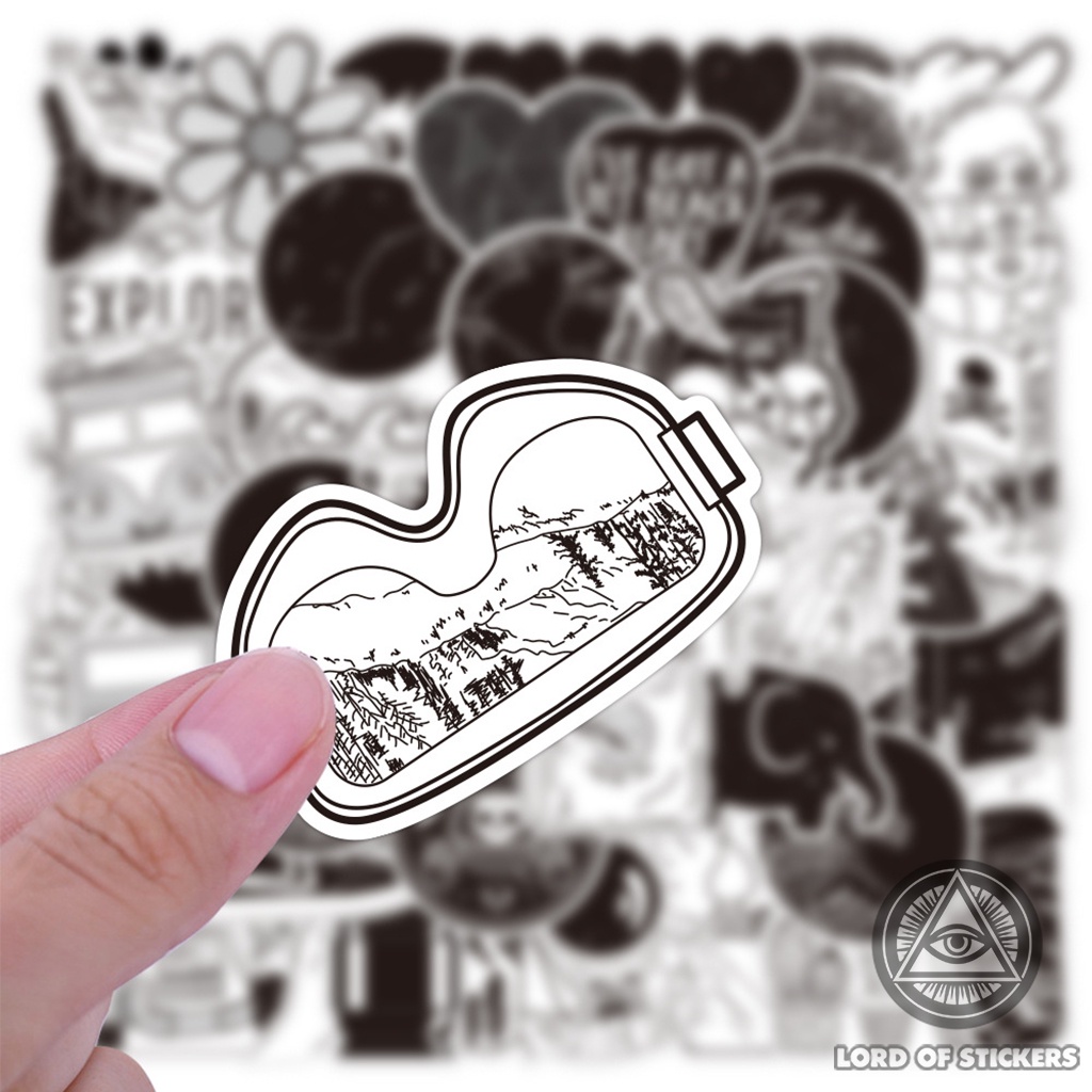 Set 50 Nhãn Dán Sticker Họa Tiết Đen Trắng Cute Phong Cách Hoạt Hình Chống Thấm Nước Dán Mũ Bảo Hiểm, Laptop, Vali, Sổ